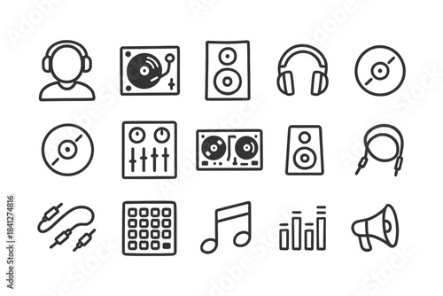 Hand-drawn dj equipment icons set: headphones, turntables, speakers, cables, mixer.