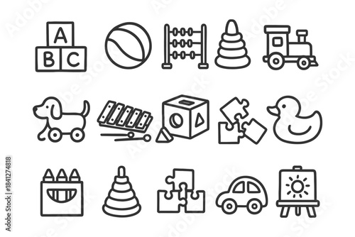 Variety of children's toys: blocks, ball, abacus, and more.