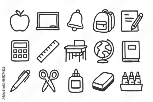 Hand-drawn school supplies icons featuring apple, laptop, bell, backpack, and more.