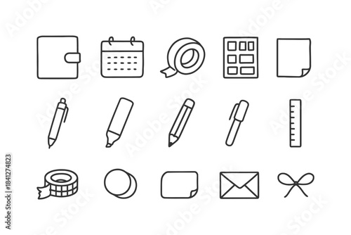 Office supply icons: calendar, tape, notebooks, pens, ruler, envelope.