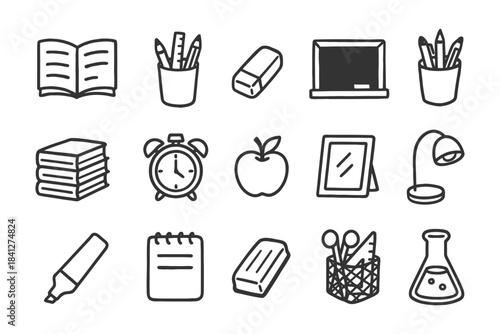 Black and white school supplies icons collection: books, pencil holders, eraser, board, apple, clock, frame, lamp, beaker.