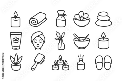 Spa and relaxation icons with candles, towels, and aromatherapy elements.