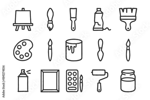 Art tools collection: brushes, palette, paints, easel, canvas, markers.