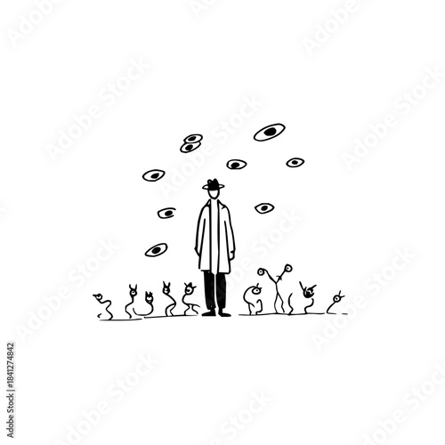 Mysterious figure in a hat and coat surrounded by floating eyes and abstract creatures, isolated on