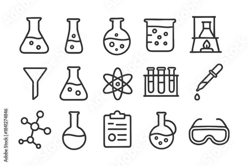 Science lab icons set: beakers, test tubes, atom, safety goggles, molecule.