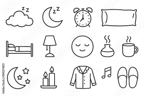 Sleep and relaxation icons: bed, moon, clock, pillow, lamp, pajamas, slippers.