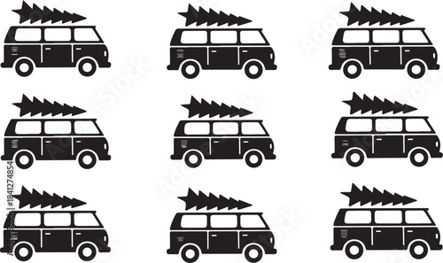 Nine black silhouette icons of vintage vans with Christmas trees on top Keywords: van, vintage van, camper van, bus, retro van, Christmas tree, pine tree, holiday, travel, transport, vehicle