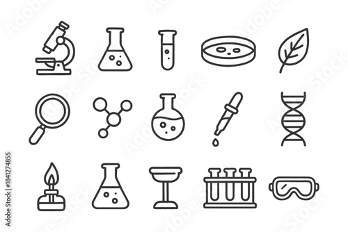 Science lab icon set: microscope, flask, leaf, dna, test tubes, molecule.