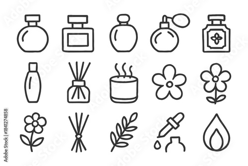 Collection of outline icons depicting various perfume bottles, flowers, and aromatherapy elements.