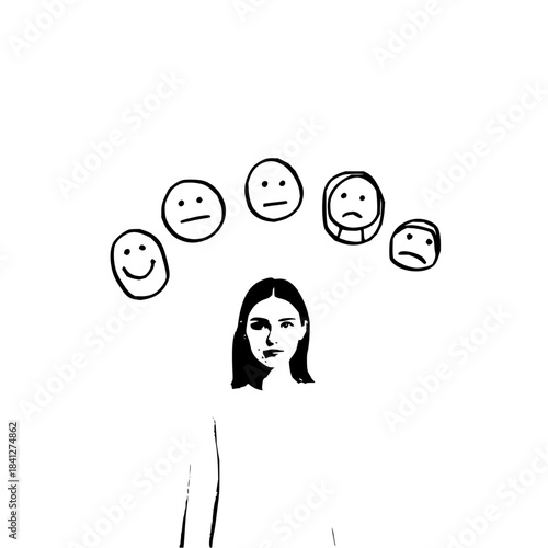 Woman with emotional faces above her head, symbolizing mood swings and mental states, isolated on