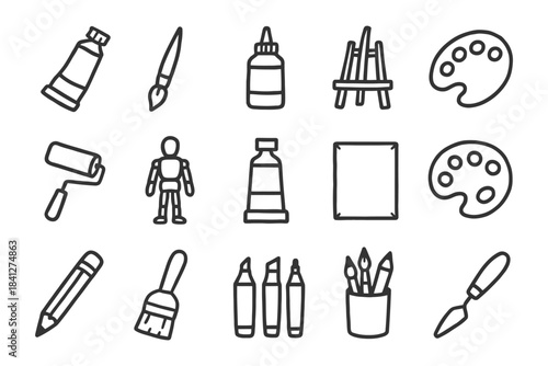 Art supplies collection: paint, brushes, easel, palette, pencil, roller.