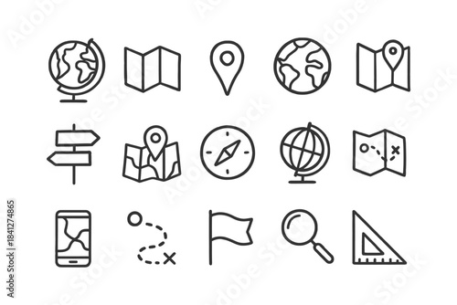 Set of map and navigation icons: globe, compass, location markers, smartphone, and ruler.