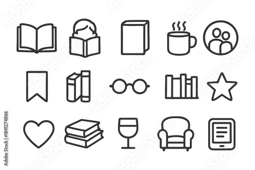 Book and reading icons: minimalist library and coffee symbols.