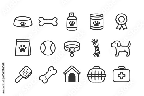 Essential dog supplies icons: toys, food, care items, accessories, kennel.