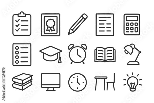 Education icons set: checklist, diploma, pencil, calculator, graduation cap, clock, book, lamp.