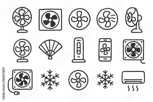 Various fan designs and cooling icons in simple hand-drawn style.