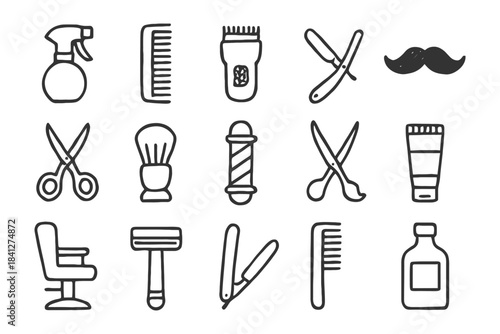 Barber tools icon set: scissors, razor, comb, hair clipper, mustache, chair.