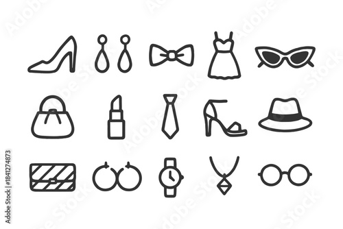 Fashion accessories icons: shoes, jewelry, dresses, sunglasses, watches, ties, hats, bags.