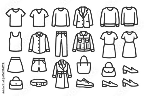 Black and white line art of various fashion garments and accessories.
