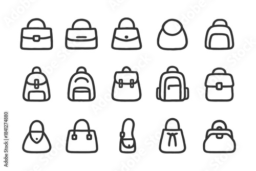 Collection of hand-drawn bag icons in various styles and shapes.