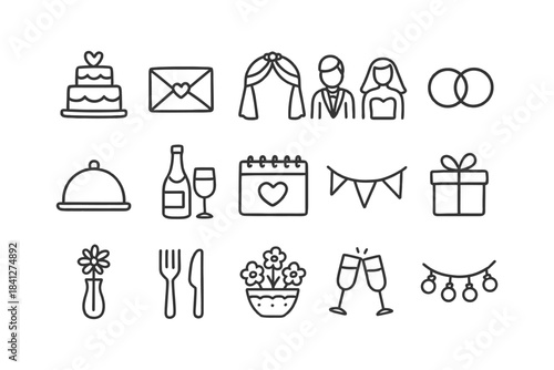 Wedding icons: cake, rings, bride, groom, decor, gifts, toasts, flowers, calendar.