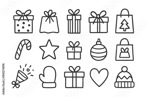 Christmas gift icons: holiday presents, decorations, and winter accessories.