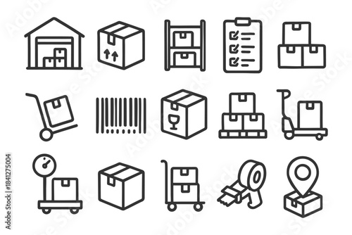 Logistics icons set featuring warehouse storage and delivery elements.