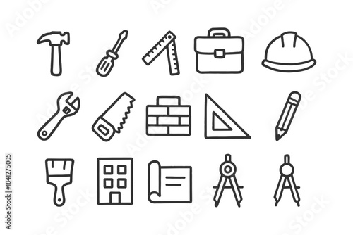 Construction tools and equipment outline icons set.