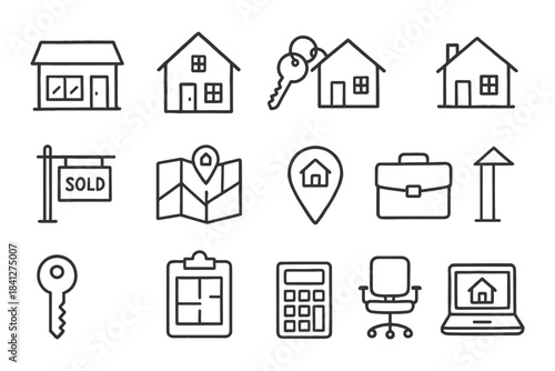 Real estate line icons collection: houses, keys, office, calculator, map.