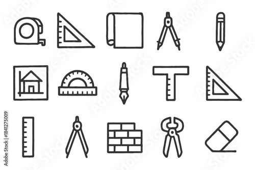 Hand-drawn construction tools: compass, protractor, ruler, pencil, t-square, tape.