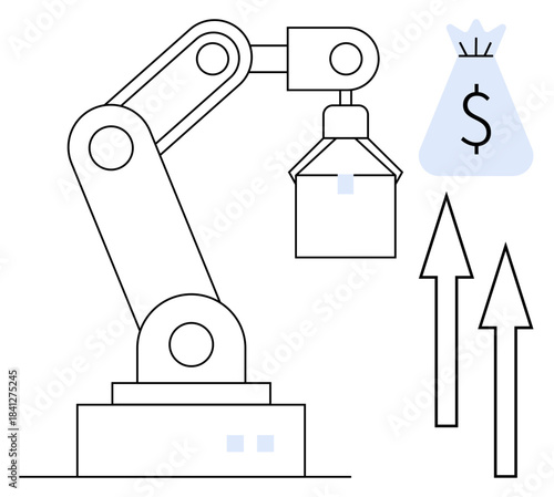 Robotic arm lifting an object with a money bag icon and upward arrows. Represents automation, industrial growth, efficiency, profit, financial technology, industry trends, and innovation