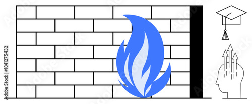 Firewall protection. Brick wall and flame digital security. Education and intellectual growth with graduation cap and human mind outline. For cybersecurity, learning, growth