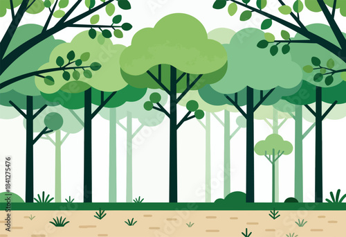 A stylized forest with varying shades of green trees and a sandy path