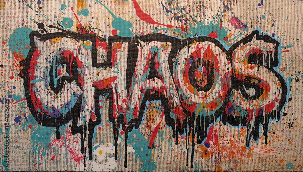 Obraz premium Displaying word CHAOS with thick black outlines dripping across textured beige canvas in studio