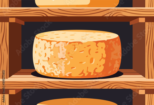 Round cheese wheel on a wooden shelf