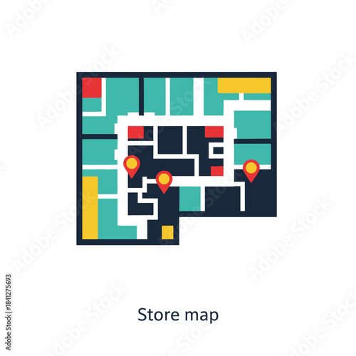Simplified floor plan for retail navigation with point of interest indicators
