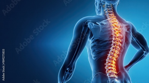 Human Anatomy: Illustrative medical visualization spotlighting the intricate structure of the spine, bathed in a deep, atmospheric blue.