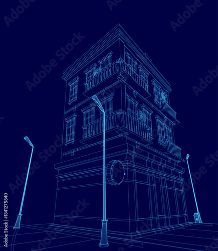 Low poly house model with wireframe structure and street lights, set against a solid blue background.