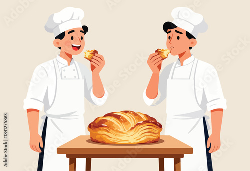 Two chefs taste a golden-brown bread, one happy, one concerned