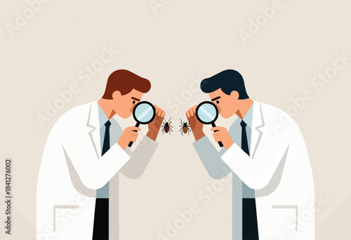 Two scientists in lab coats closely examine insects through magnifying glasses
