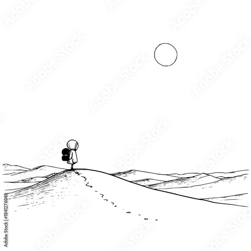 Minimalist line art of a lone person with a backpack on a hill, looking at the sun, isolated on