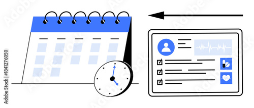 Healthcare appointment management with a calendar, clock, and medical records. Streamlines scheduling in healthcare. Ideal for telemedicine, medical scheduling, apps, clinics, and digital health