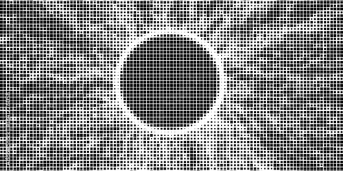 Abstract pixelated explosion effect with scattered black and gray squares on a white background