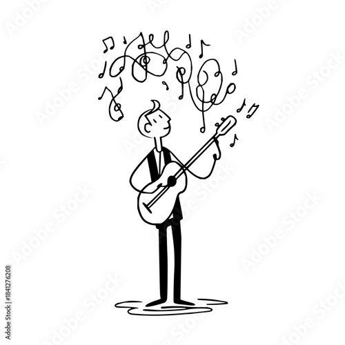 A happy musician playing an acoustic guitar, with music notes swirling around his head, isolated on