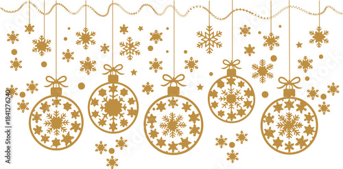 Elegant Christmas header or banner design with hanging golden bronze ornaments and snowflakes in a line along the top edge, on a white background with large copy space left below as a festive border.