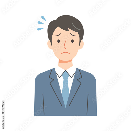 Flat style illustration of a worried businessman in a suit, looking confused and anxious with a troubled expression, representing workplace stress, pressure, uncertainty, and emotional burden