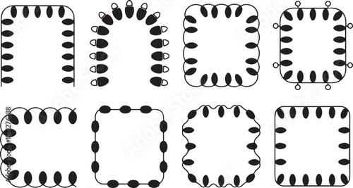 Set of eight black silhouette icons of decorative borders and frames made of light bulbs and coils Keywords: light bulb border, decorative frame, ornamental border, string light border, festive