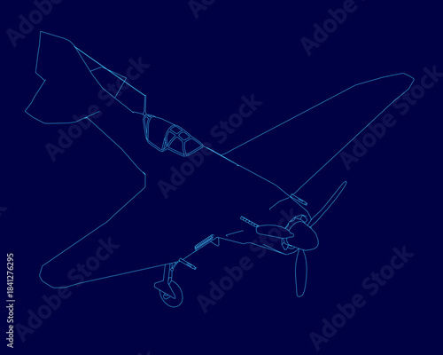 Retro airplane blueprint on a blue background, featuring a clear contour outline with defined wingspan and tail fins. The stark contrast makes the design stand out prominently.