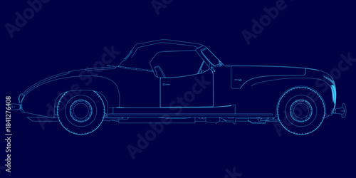 Detailed blueprint of a retro sports car contour on a solid blue background, highlighting its elegant curves and precise engineering lines.