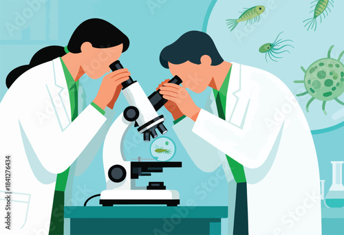 Two scientists look through microscopes, studying aquatic organisms and microorganisms